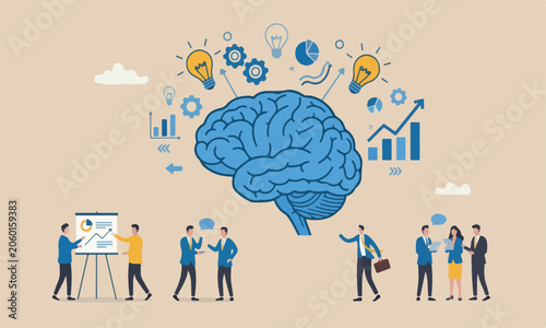 Genius or or learning meeting teams together new skills, brainstorming, knowledge or wisdom, competence or intelligence to improve capability concept, human brain success business management elements