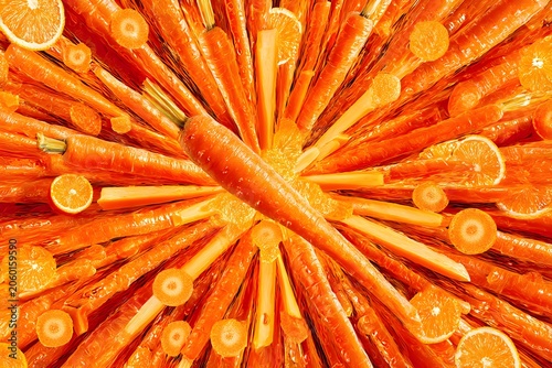 Fresh Carrots and Carrot Sticks Spread Out in Circular Pattern for Healthy Snack Display