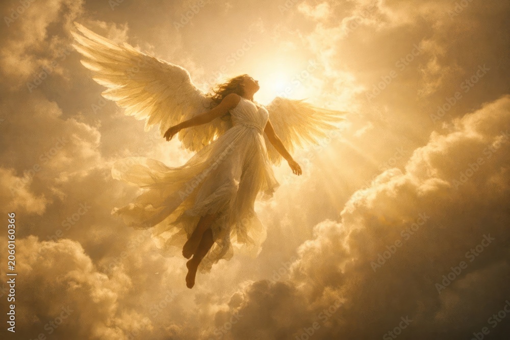 Naklejka premium Ethereal angel soaring through clouds.