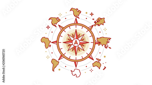 World Map Compass Rose Surrounded by Continents