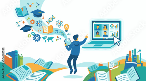 A man in blue clothing standing with a tablet and surrounded by books and educational icons