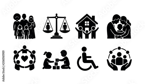 Family Diversity and Inclusion. Filled icon set of Family Diversity and Inclusion: multicultural family, equality scale, home building, family hug, inclusive community, child play together,
