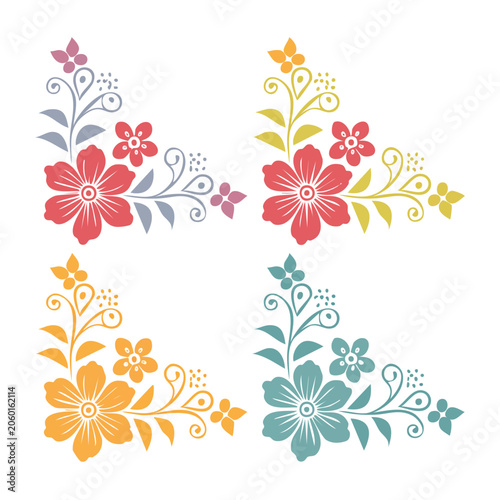 Flat design floral vector with red pink yellow blue flowers