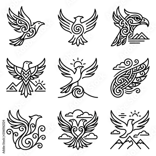Collection of Stylized Bird and Phoenix Line Art Icons.