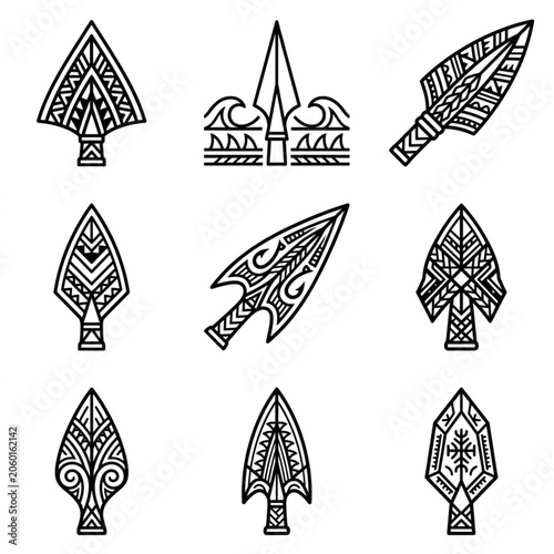 Collection of Nine Tribal Arrowhead Designs with Intricate Patterns.