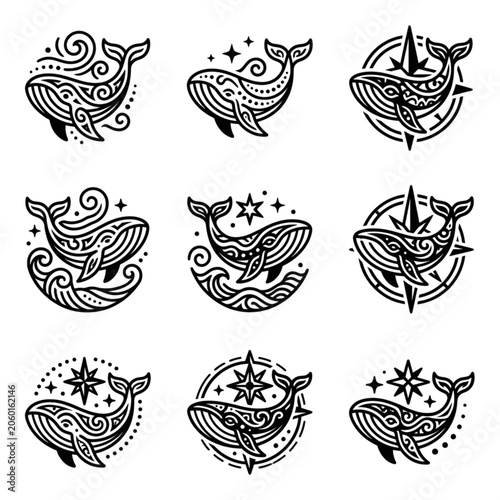 Whale illustration set with nautical and celestial elements.