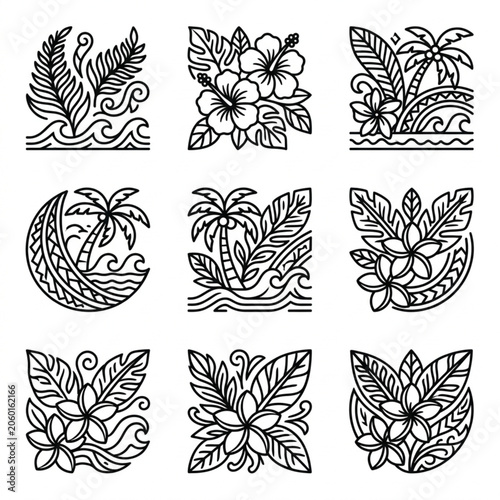 Tropical floral and wave design elements in line art style.