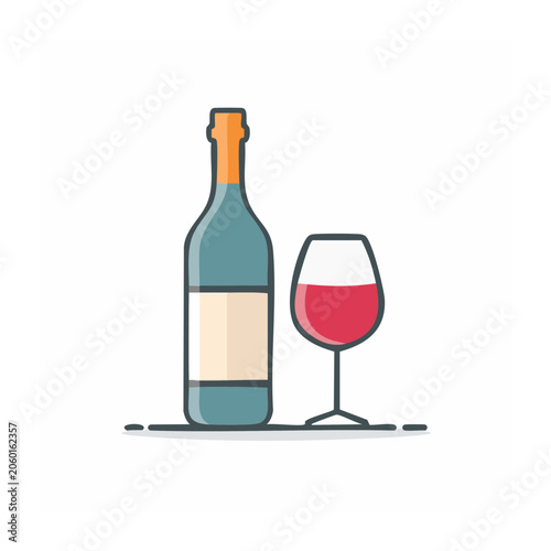 Flat design wine bottle and glass on white background