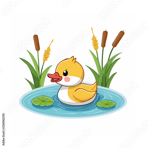 Cartoon duck floating on water lily