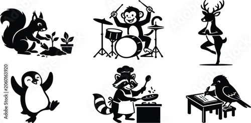 Photography Cute Animal Cartoon Silhouette Collection with Musical Monkey, Gardening Squirre