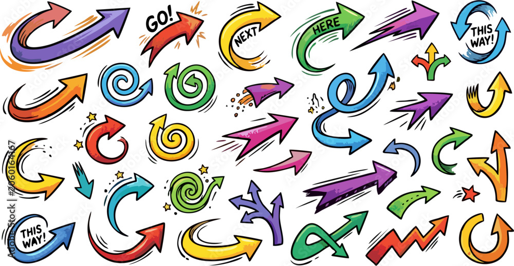 Fototapeta premium Colorful Hand Drawn Arrows Set with Comic Style Direction Signs and Doodle Elements Vector Illustration
