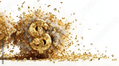 Shimmering gold dollar sign surrounded by glitter and sparkles on white background