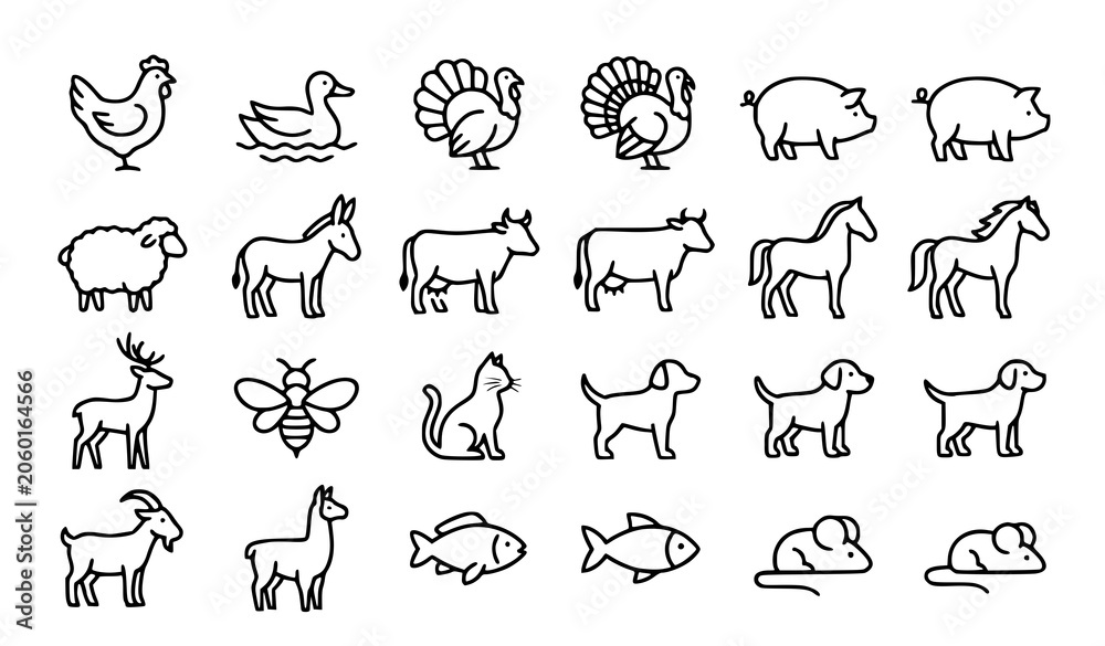 Obraz premium Editable Stroke Animal Vector Icon Set with Farm Livestock and Pet Symbols