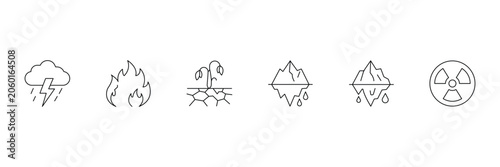 Natural disasters line icon set including thunderstorm wildfire drought global warming melting glaciers and nuclear vector illustration.