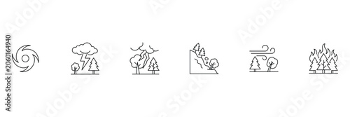 Natural disasters line icon set including hurricane thunderstorm lightning landslide wind and wildfire vector illustration.