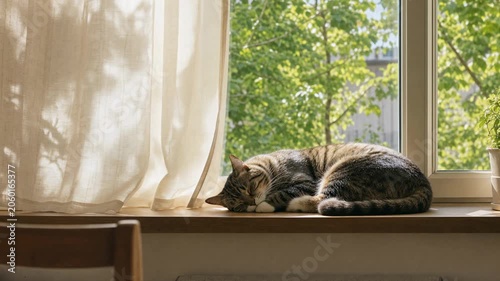 Cat sleeping on a sunny windowsill beside flowing curtains. Cozy home lifestyle, comfort, relaxation and peaceful domestic scene.