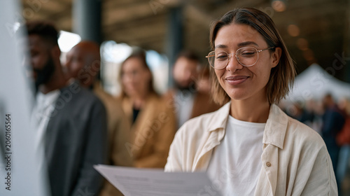 Employment specialist reviews a veteran's military occupational specialty translation worksheet at a job fair kiosk, several other veterans forming a loose queue behind, the