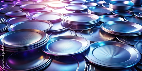 A profusion of iridescent metallic plates, subtly illuminated, arranged in a dense and captivating composition