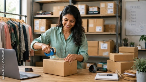 Indian small business owner packaging customer orders in ecommerce workspace with inventory management shipping and fulfillment operations