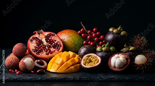 Assorted exotic tropical fruits with pomegranate mango and mangosteen on black background