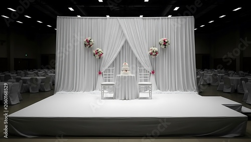 Elegant White Wedding Stage Setup with Fabric Backdrop and Cake
