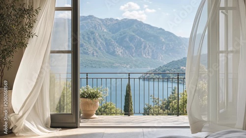 Open balcony doors revealing a scenic mountain lake view framed by flowing curtains. Luxury travel destination, wellness retreat and peaceful lifestyle concept.