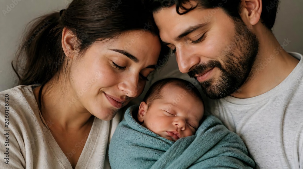 Fototapeta premium Two parents close together hugging a sleeping baby
