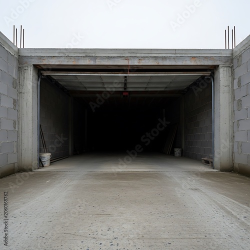 Empty unfinished concrete garage under construction with dark interior and rebar