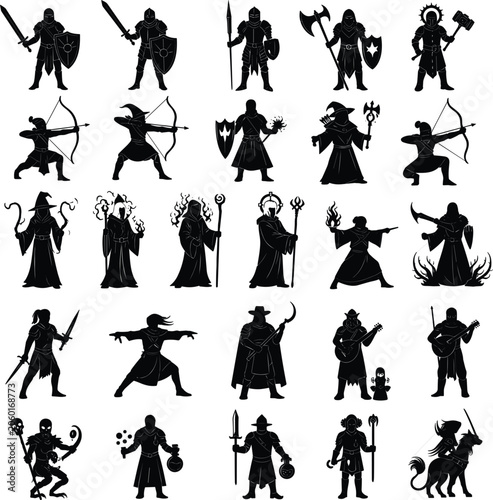 Bild auf Leinwand Fantasy Character Silhouette Icon Set with Warriors, Archers, Mages, and Mythica
