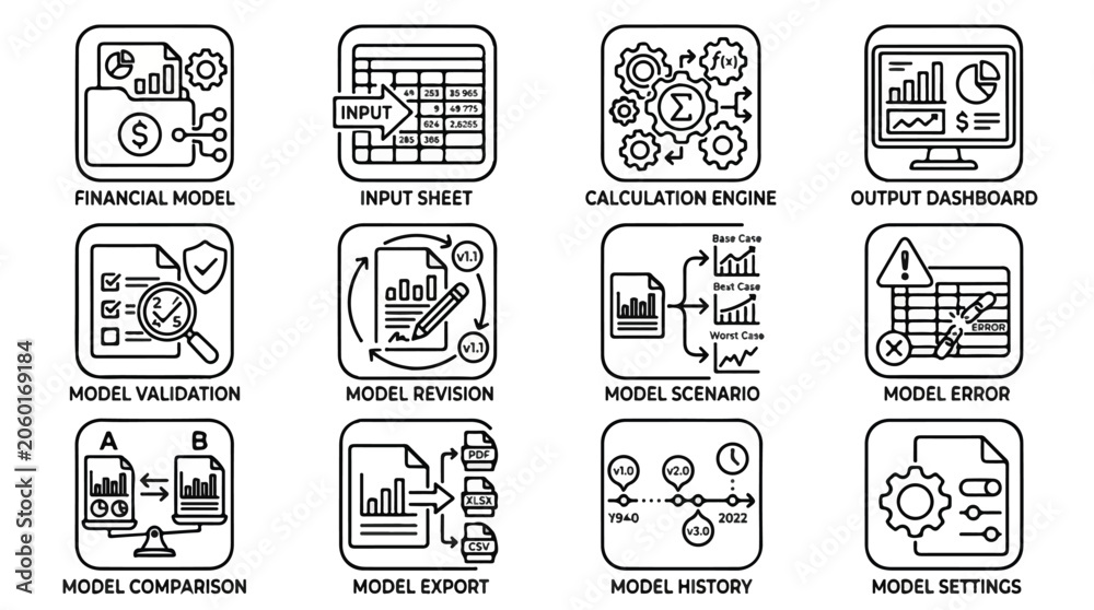 Obraz premium Diverse set of financial modeling icons and diagrams representing calculations, planning, and analysis.