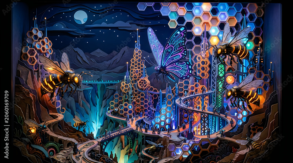 Obraz premium Futuristic cityscape with glowing hexagonal structures and flying vehicles