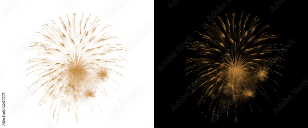 Obraz premium Golden firework explosion on black and white backgrounds, festive pyrotechnic burst for celebration, sparkling gold firework display for holiday events