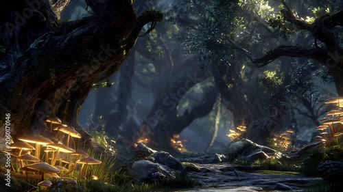 Fantasy, mysterious, wallpaper. A vivid, atmospheric portrayal of a mystical forest. The main subject is a large, gnarled tree with intricate details, its branches reaching upwards towards the sky.
