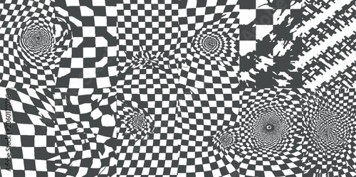 Optical Illusion Chaos: A mind-bending abstract pattern of black and white checks and swirling vortexes creates a mesmerizing and disorienting visual experience.