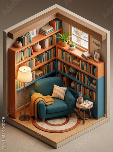 Library bookshelf reading nook with cozy armchair and study books for education 3D Illustration