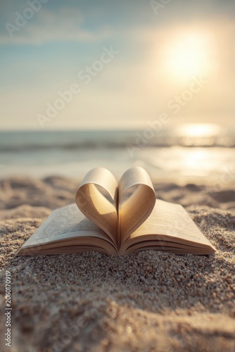 Romantic love theme for Valentines Day. An open book with a heartshaped page resting on a sandy beach at sunset. The sky is painted with a mix of vibrant oranges, pinks, and purples.