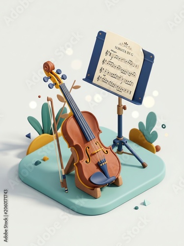 Violin Music Education Equipment with Stand and Sheet Music for School 3D Illustration