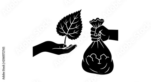Foto Hands holding a leaf and a waste bag illustrate the contrast between environmental preservation and pollution management in a conceptual approach to sustainability and ecological awareness