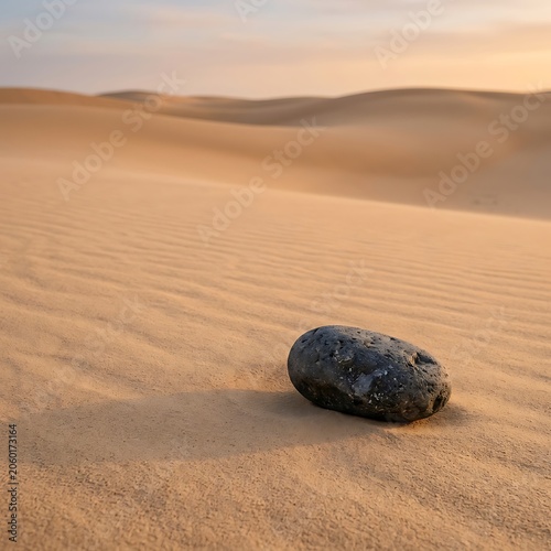Solitary Dark Rock on Rippled Sand Dunes in the Desert at Sunset