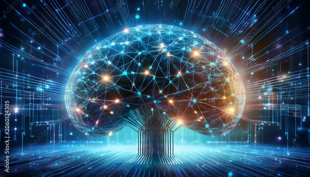 Fototapeta premium intricate depicting a complex brain circuit network with interconnected nodes and lines representing the neural pathways and synergetic connections within a digital futuristic technology landscape
