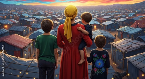 Mother and children look out over a refugee camp at sunset