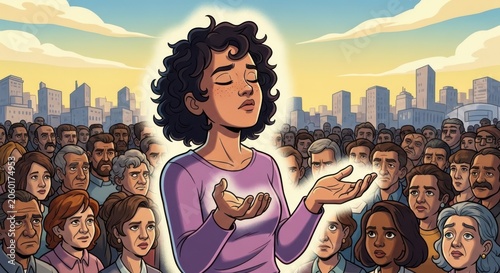 Woman with eyes closed and hands open in prayer or meditation surrounded by a crowd