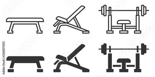 Gym equipment icons: bench, adjustable seat, weightlifting barbell setup. Vector illustration.