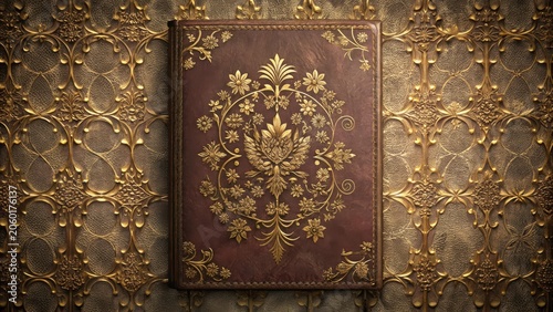 Ornate Antique Book Cover with Gilded Floral Design on Richly Embossed Background