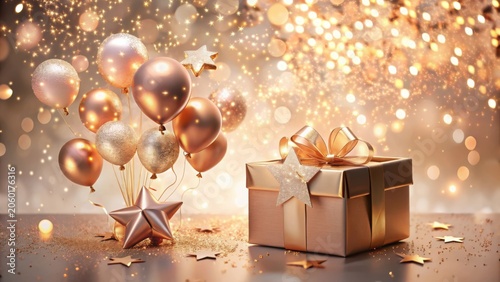A Celebration of Joy Gleaming Gift and Festive Balloons in a Sparkling Atmosphere