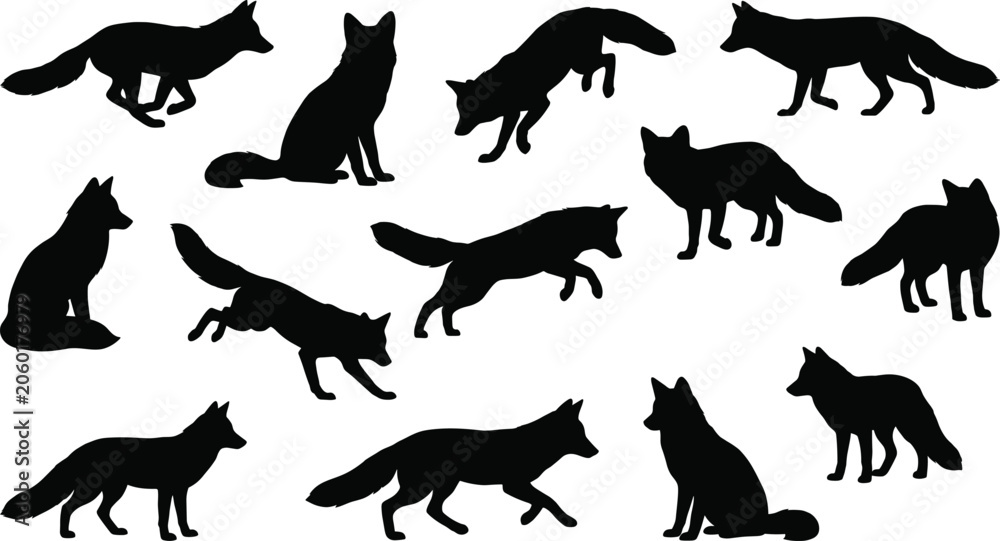 Obraz premium Fox silhouette collection featuring wild foxes running jumping sitting and stalking for nature wildlife and outdoor adventure graphic design