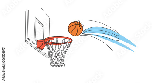 Basketball successfully falling into hoop with dynamic motion lines for sports competition and team spirit concept.