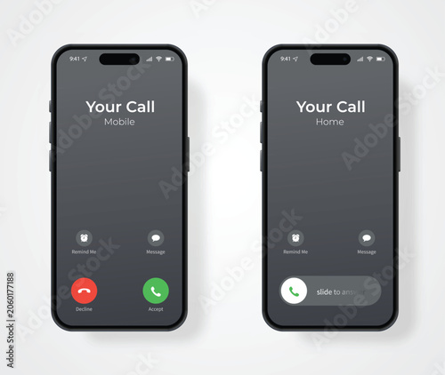 Phone Call Screen Concept UI Set with Realistic Blurry Background. Incoming Call Screen Template