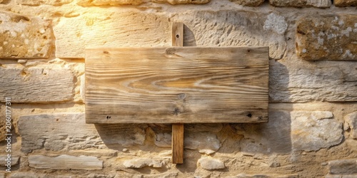 Rustic Wooden Signboard Affixed to a Weathered Stone Wall, Bathed in Sunlight