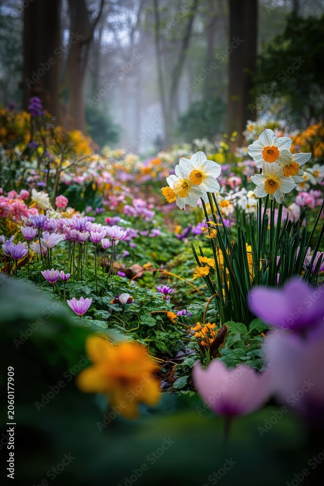 Fototapeta premium Spring season, garden, flower, fresh, life. A lush forest filled with a variety of flowers, including daffodils and tulips, in white, yellow, pink, and purple.